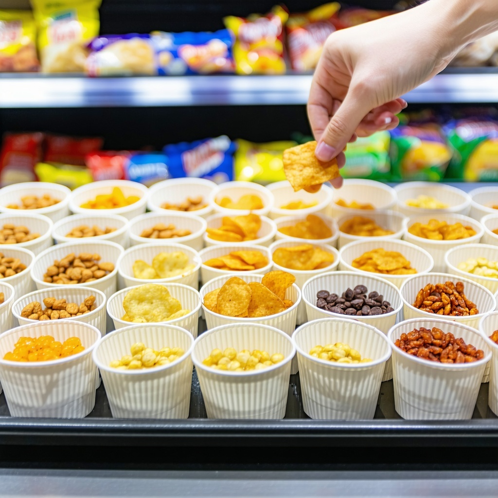 The image depicts a closeup of a sampling table inside a grocery store with a tray of snack samples inside small paper cups A persons hand is reaching for one of the samples on the tray-1